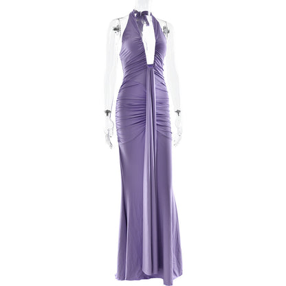 Halter Deep V Ruched Bodice Center Panel Drape Jersey Maxi Gown