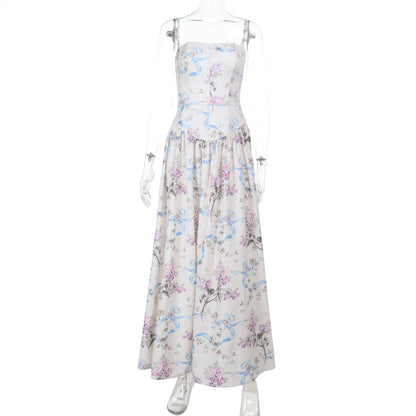 Square Neck Corset Ribbon Floral Gathered A-Line Midi Dress