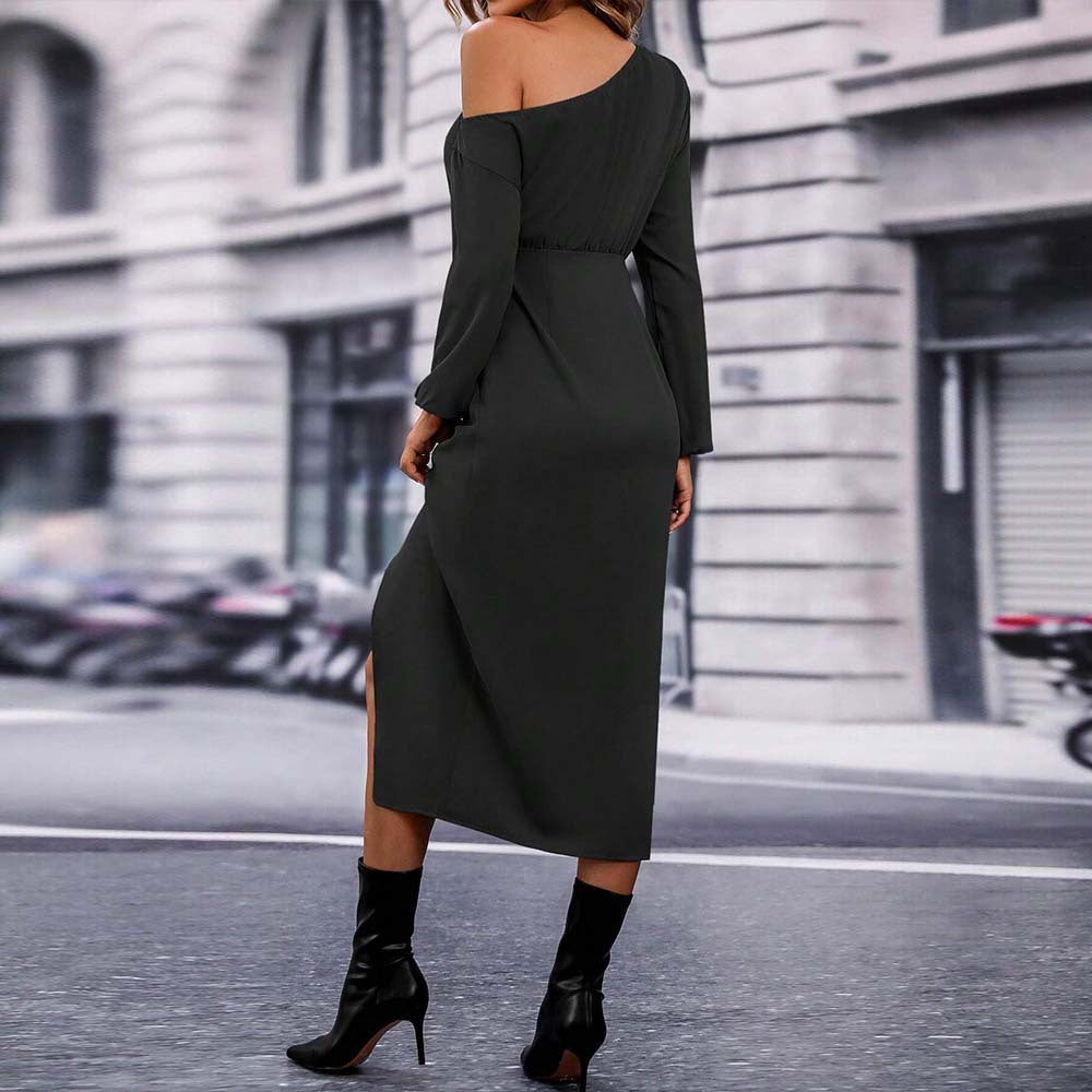 One Shoulder Bishop Sleeve Tie Waist Wrap Tulip Hem Midi Dress