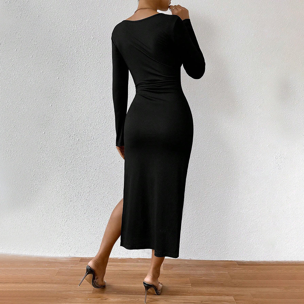Rib Knit Sweetheart Tie Front Keyhole High Slit Midi Dress