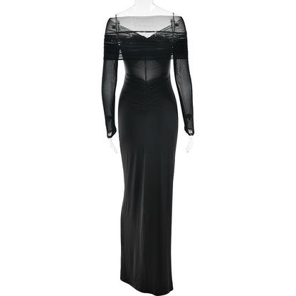 Off Shoulder Mesh Sleeve Diamond Cutout Ruched Column Maxi Gown