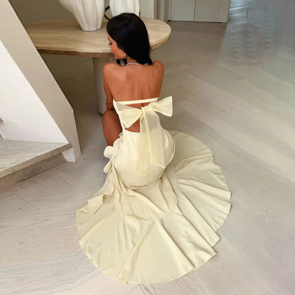 Strapless Ruffle Trim Side Slit Maxi Dress