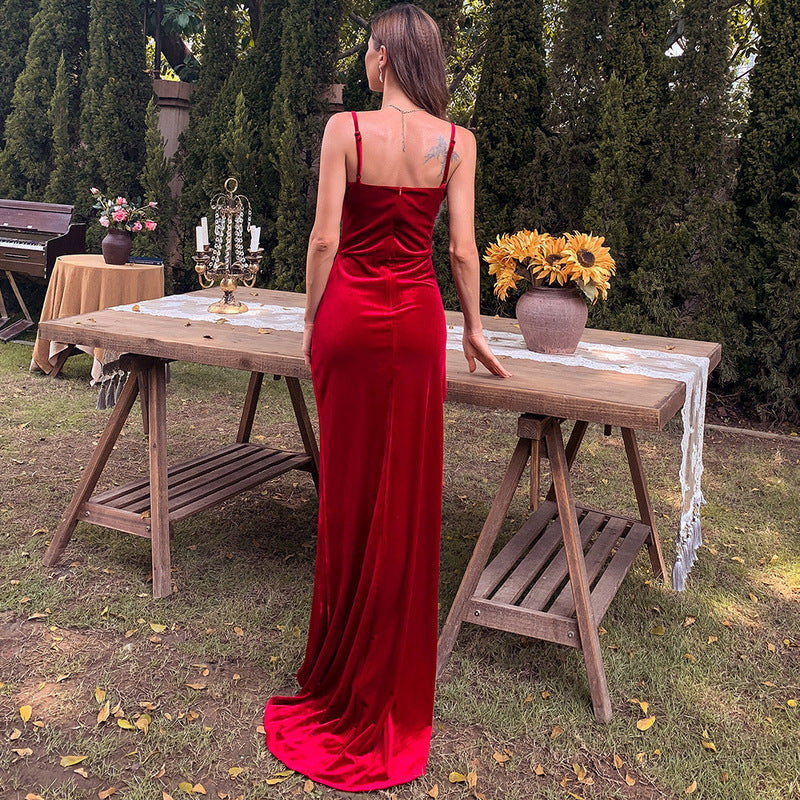 Spaghetti Strap Sweetheart Ruched Velvet Thigh Slit Floor Length Gown