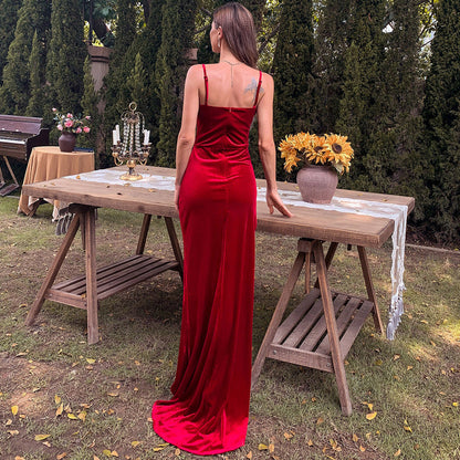 Spaghetti Strap Sweetheart Ruched Velvet Thigh Slit Floor Length Gown