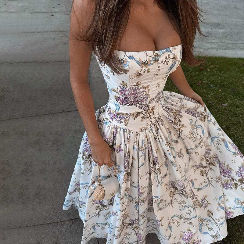 Square Neck Corset Ribbon Floral Gathered A-Line Midi Dress