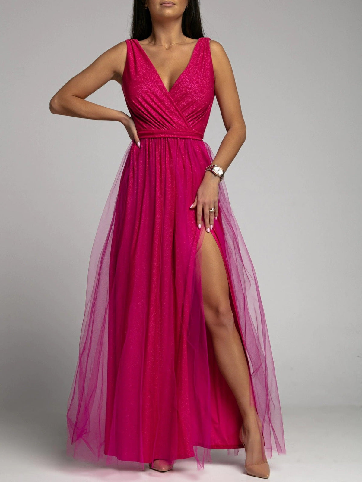 Plunge V-Neck Wrap Bodice Tulle Overlay Side Slit Shimmer Maxi Dress