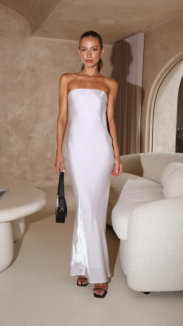 Strapless Bandeau Satin Column Slip Maxi Dress