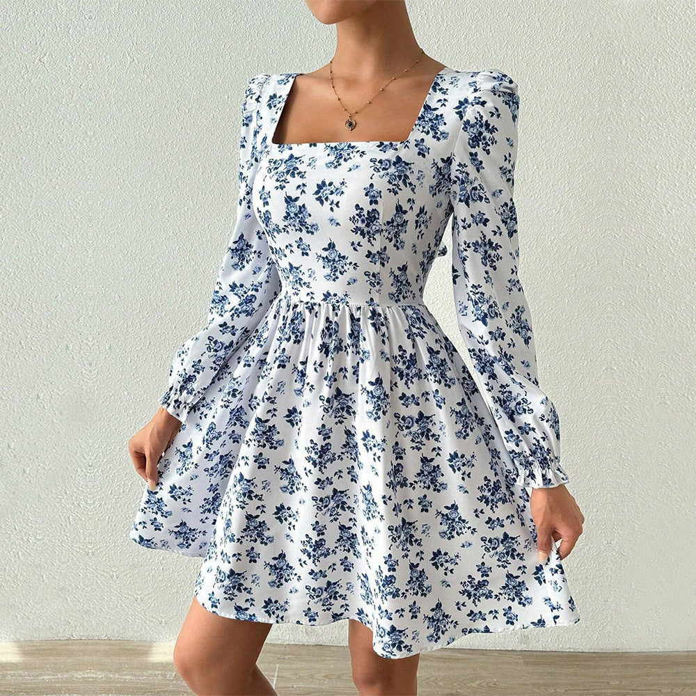 Square Neck Puff Sleeve Ruffle Cuff Floral Print Fit Flare Mini Dress