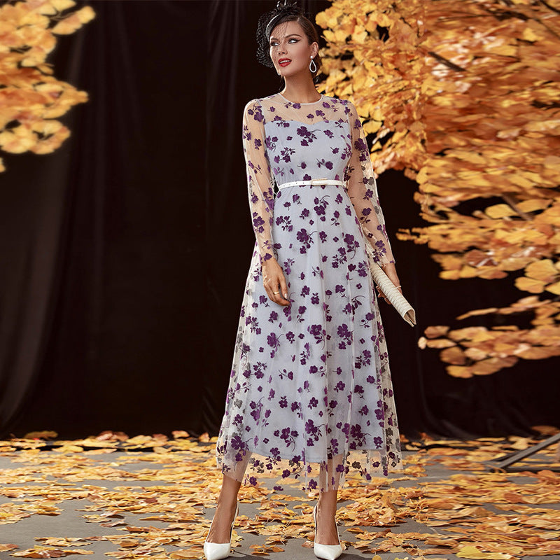Floral Embroidered Mesh Overlay Belted A-Line Maxi Dress