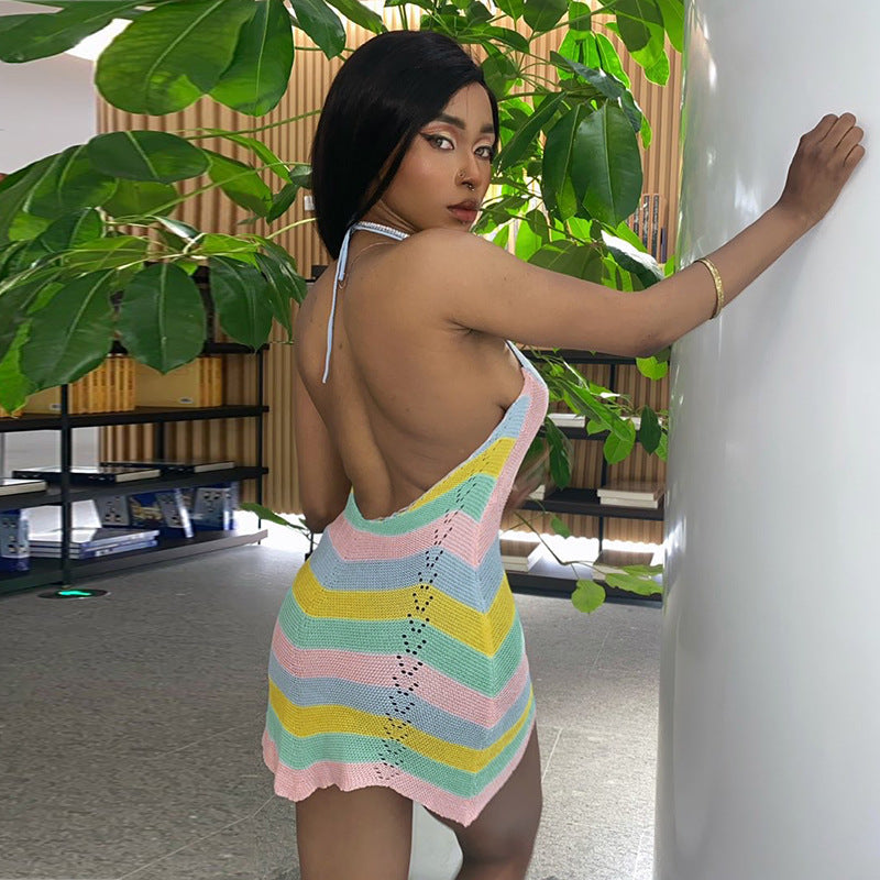 Knit Crochet Halter Neck Keyhole Cut Out Striped Bodycon Mini Dress