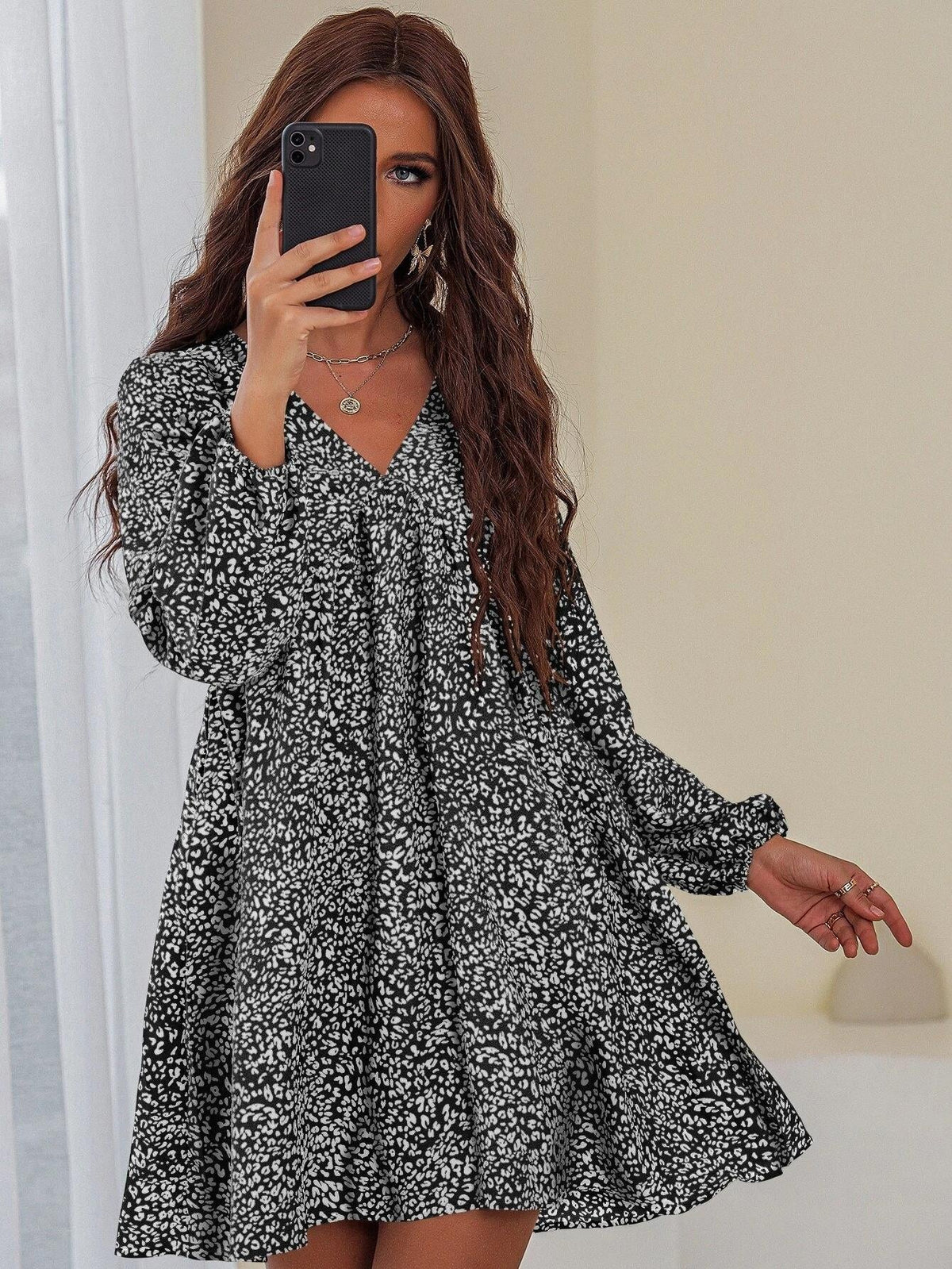 V-Neck Long Puff Sleeve Print Babydoll Mini Dress