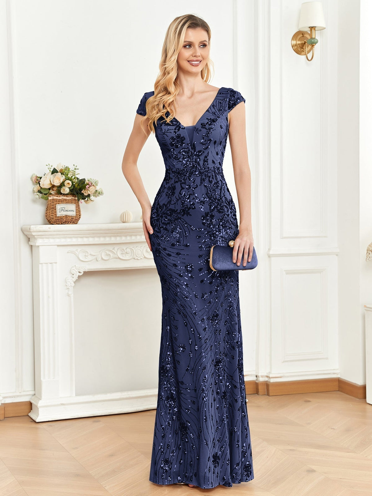 Deep V Neck Cap Sleeve Floral Sequin Embroidered Mermaid Maxi Gown