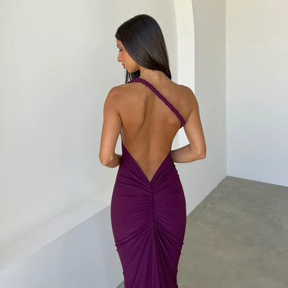 Asymmetric Folded Cuff One Shoulder Twisted Strap Maxi Gown