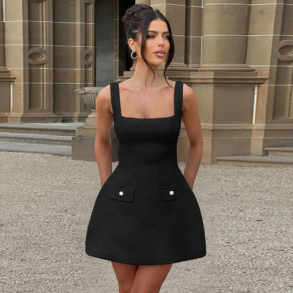 Square Neck Tweed Pearl Button Pocket A-Line Mini Dress