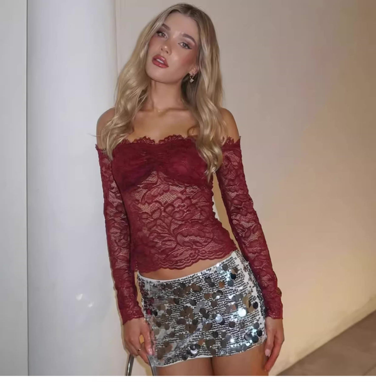 Lace Off-Shoulder Long Sleeve Top