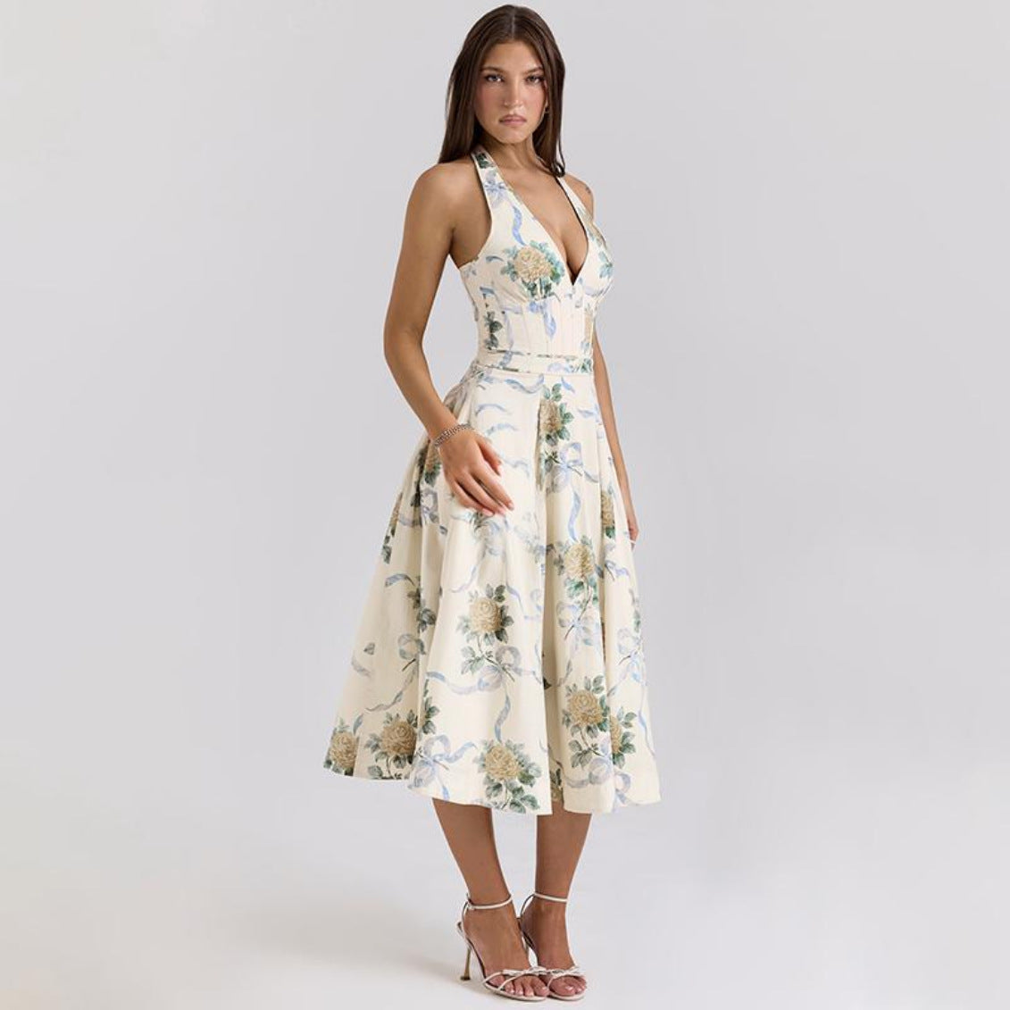 Halter Corset Ribbon Print Belted A-Line Midi Dress