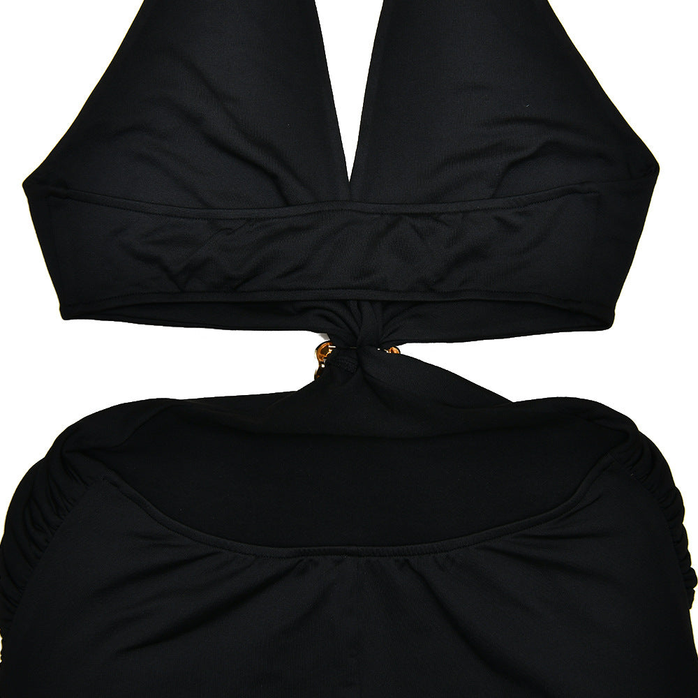 Halter Plunging V-Neck Side Waist Cutout Ring Detail Bodycon Maxi Dress