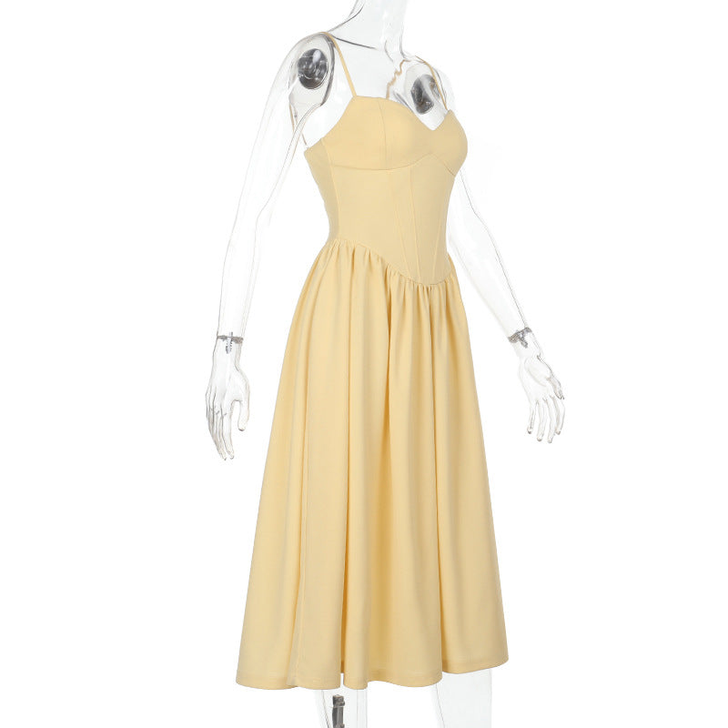 Sweetheart Spaghetti Strap Corset Bodice Pleated Pocket Midi Dress