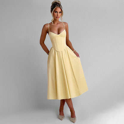 Sweetheart Spaghetti Strap Corset Bodice Pleated Pocket Midi Dress