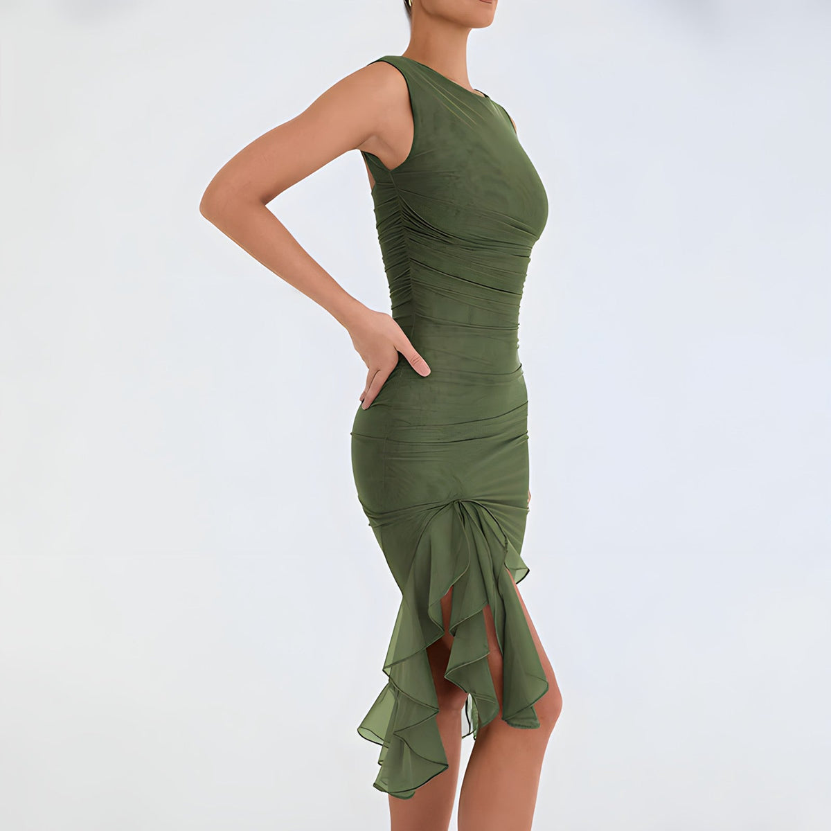 Ruched Crew Neck High Split Ruffle Hem Bodycon Midi Dress