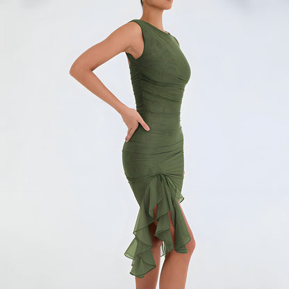 Ruched Crew Neck High Split Ruffle Hem Bodycon Midi Dress