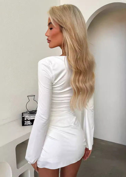 Sweetheart Neck Bell Sleeve Ruched Drawstring Asymmetrical Hem Mini Dress