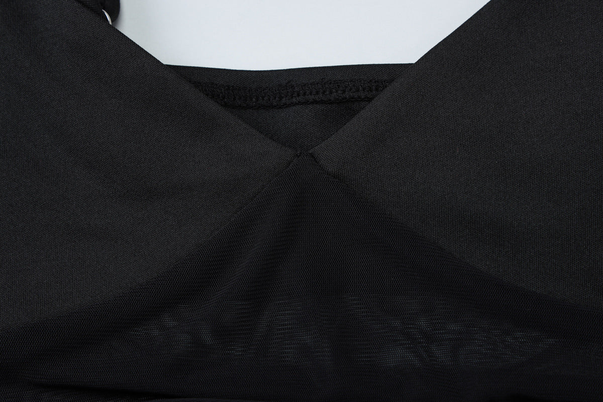 Deep V Neck Sheer Mesh Ruched Panel Sleeveless Maxi Dress