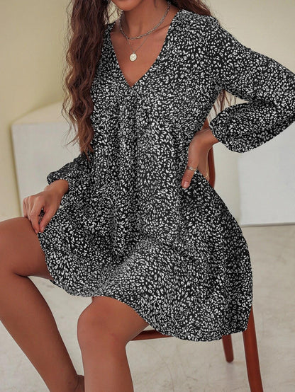 V-Neck Long Puff Sleeve Print Babydoll Mini Dress
