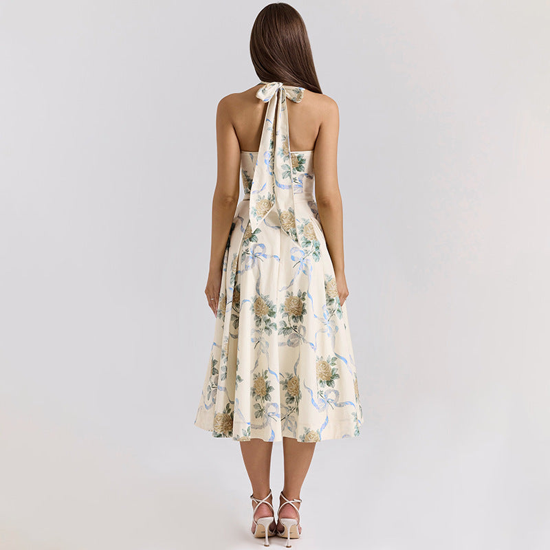 Halter Corset Ribbon Print Belted A-Line Midi Dress