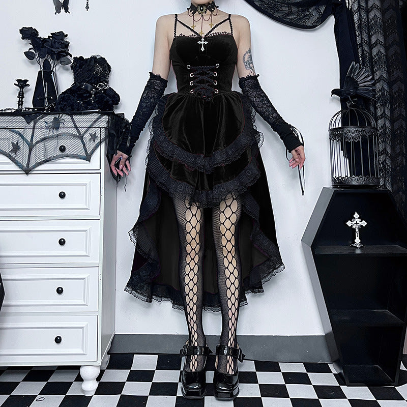 Lace Up Corset Cross Strap Velvet Lace Trim Hi-Lo Ruffle Dress