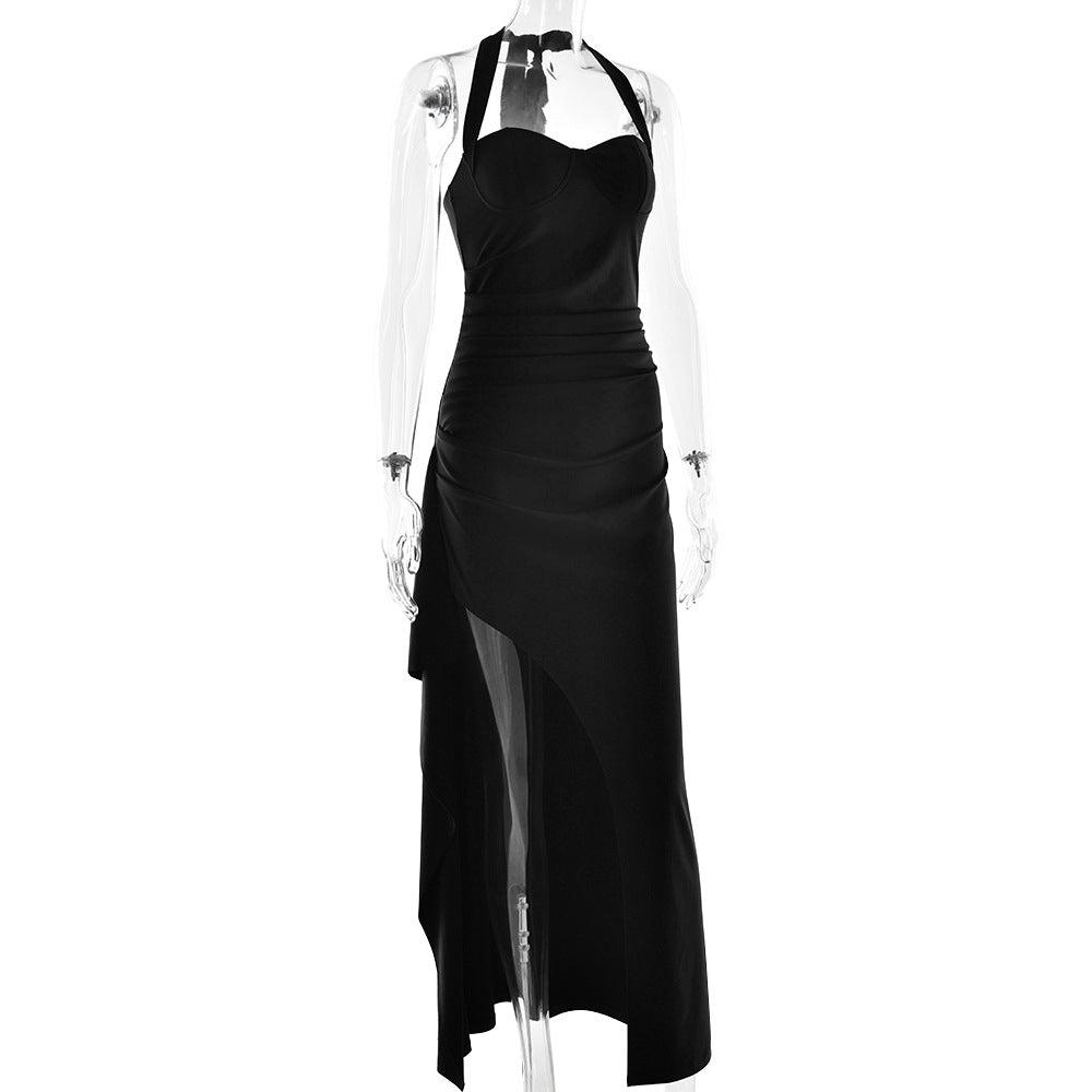 Long Sleeve Deep V Front Slit Column Maxi Dress