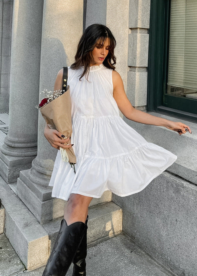 Ruffled High Neck Tiered Babydoll Sleeveless Mini Dress