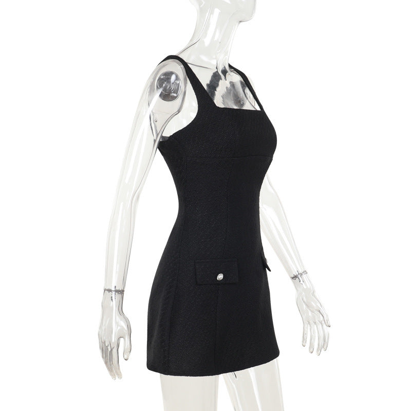 Square Neck Tweed Pearl Button Pocket A-Line Mini Dress