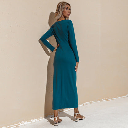 Long Sleeve Rib Knit Button Trim Slit Midi Dress