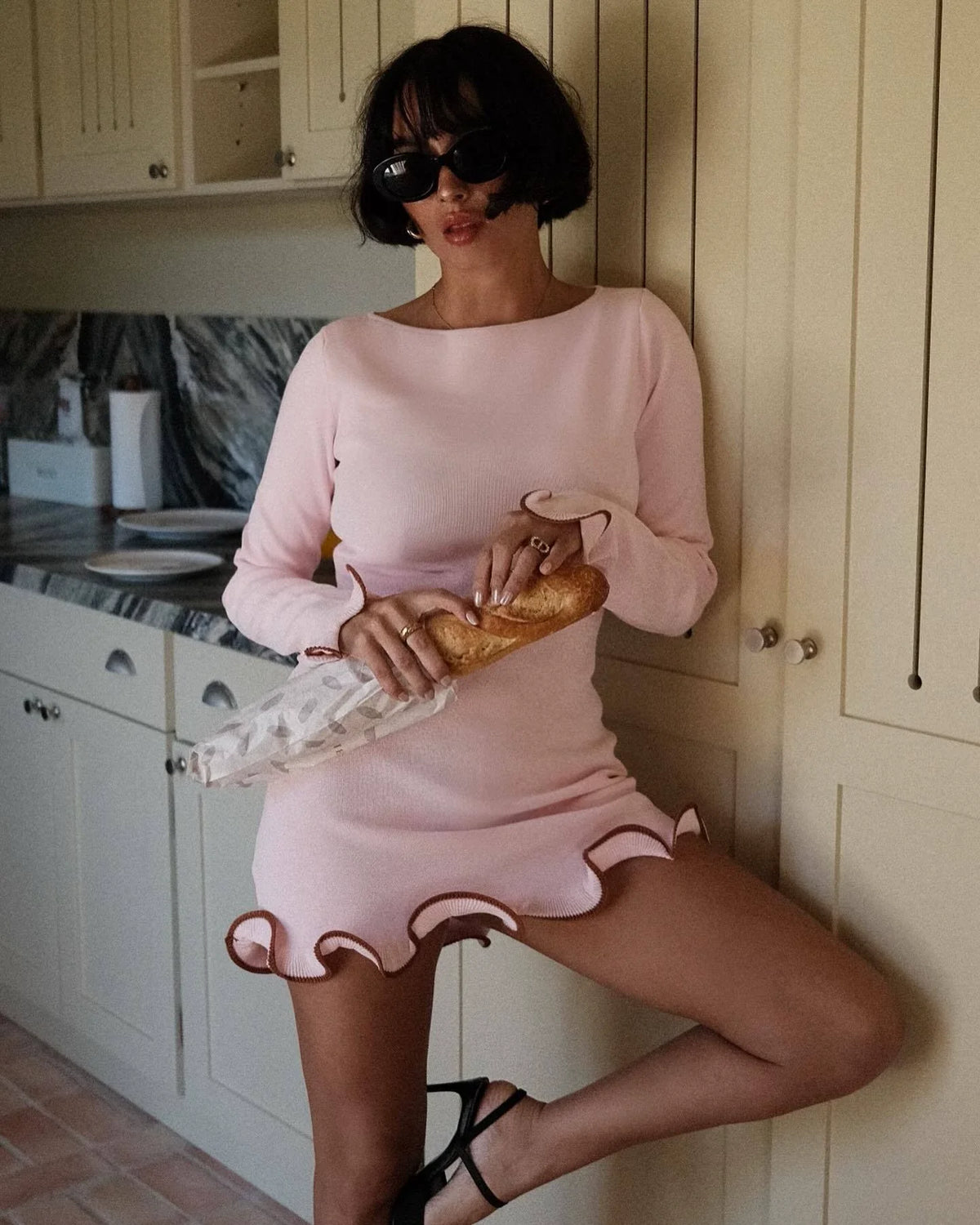 Ruffle Hem Long Sleeve Knit Mini Dress