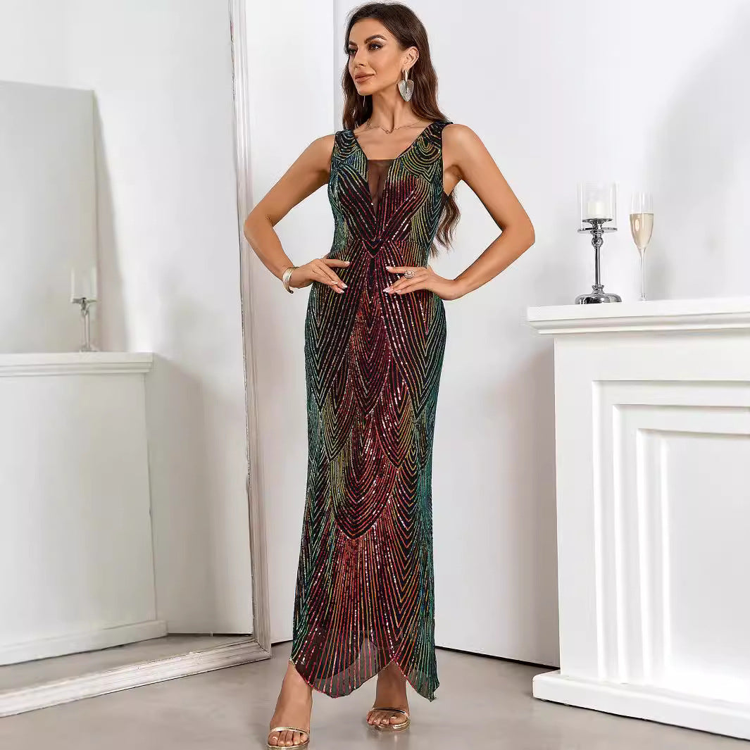 Deep V Neck Mesh Inset Sequin Geometric Fan Pattern Maxi Gown