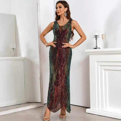 Deep V Neck Mesh Inset Sequin Geometric Fan Pattern Maxi Gown