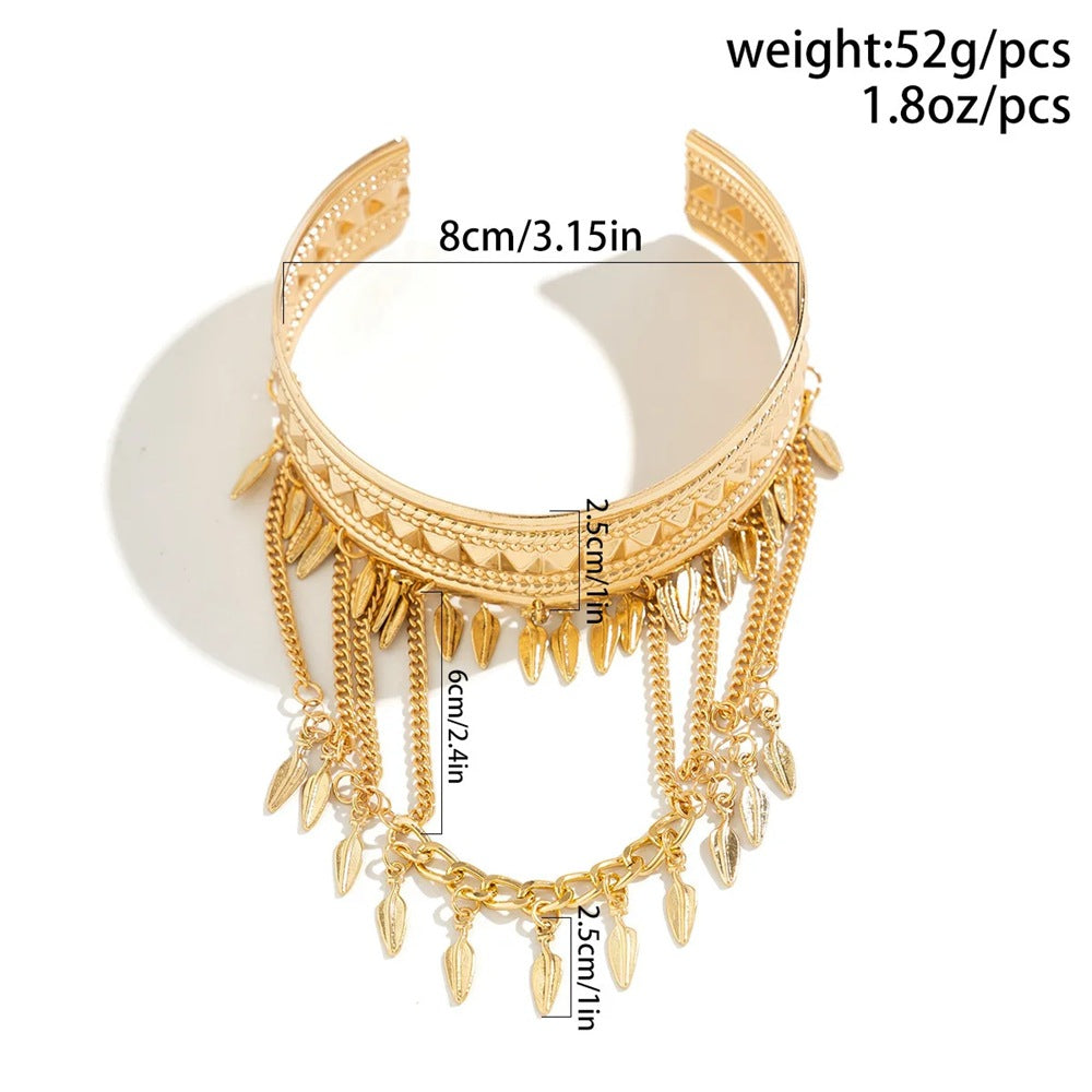 Metal Leaf Coin Tassel Open Bracelet