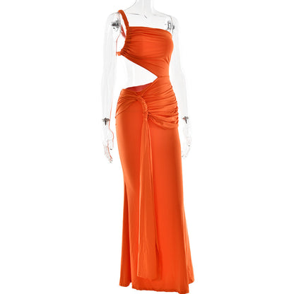 One Shoulder Diagonal Ruching Side Cutout Cascading Sash Maxi Dress