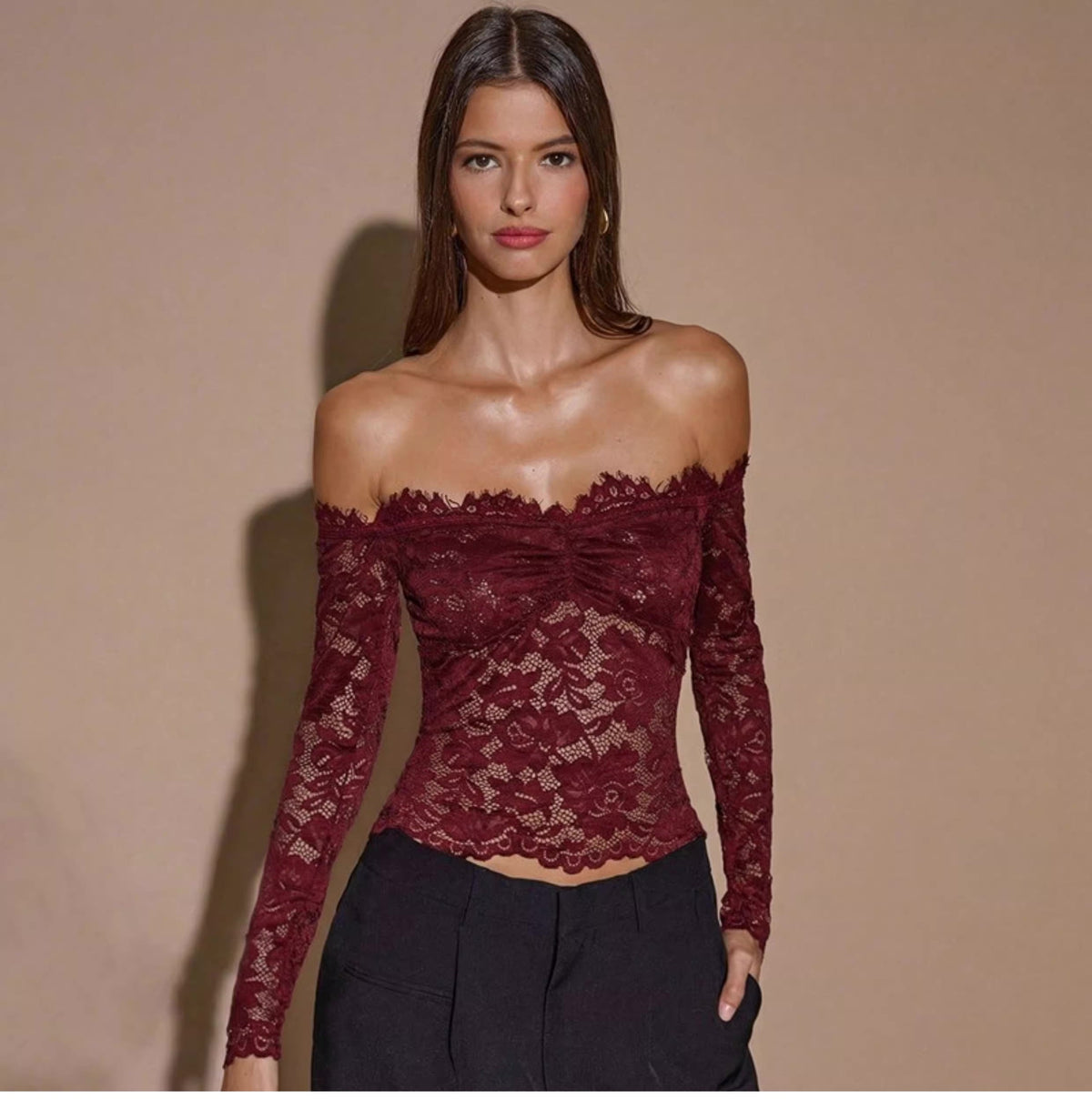 Lace Off-Shoulder Long Sleeve Top