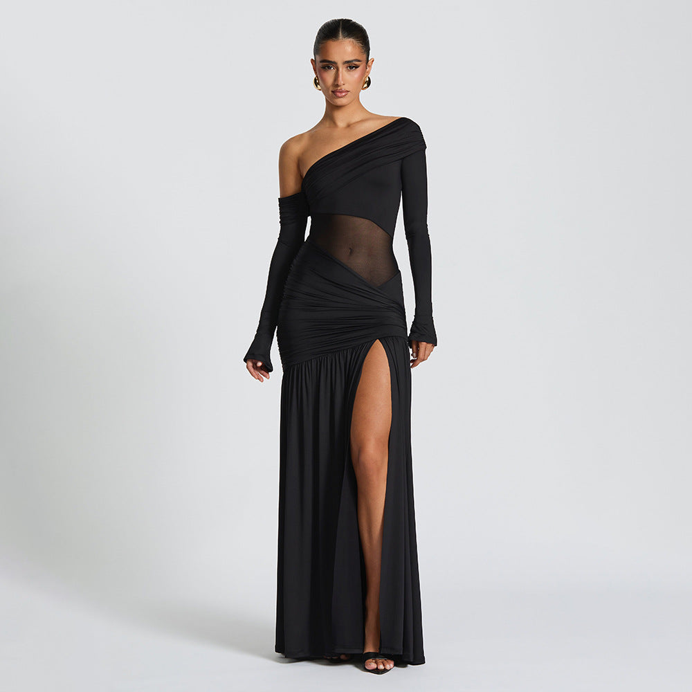 One Shoulder Asymmetric Ruching Mesh Midriff High Slit Maxi Gown