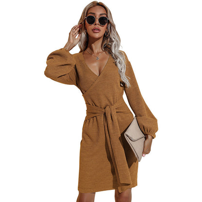V Neck Wrap Front Lantern Sleeve Knit Mini Dress With Self Tie Belt