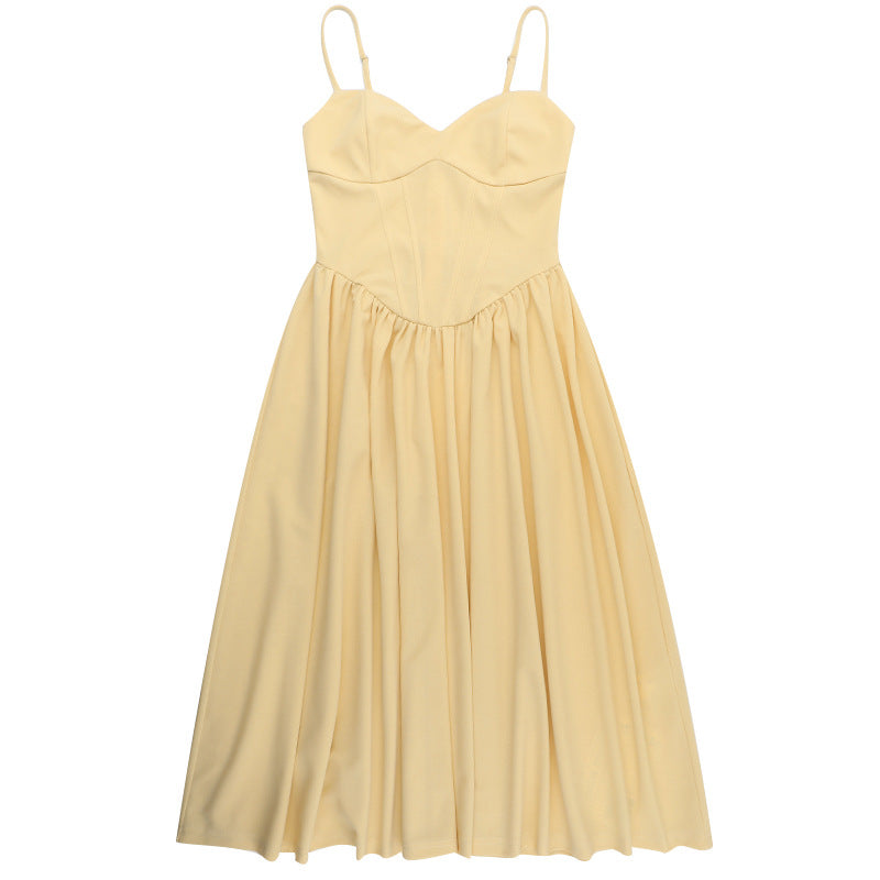Sweetheart Spaghetti Strap Corset Bodice Pleated Pocket Midi Dress