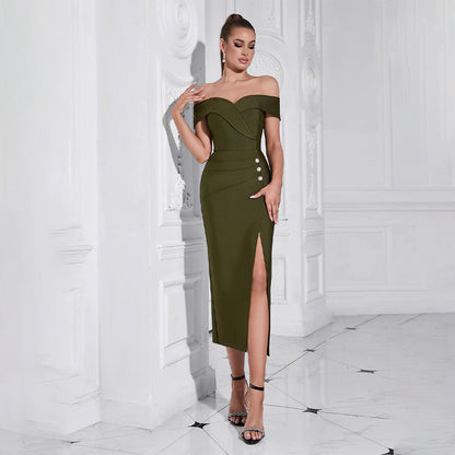 Off Shoulder Bandeau Side Slit Bodycon Midi Dress