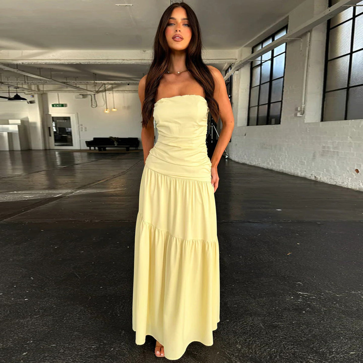 Strapless Ruched Bodice Tiered A-Line Maxi Dress