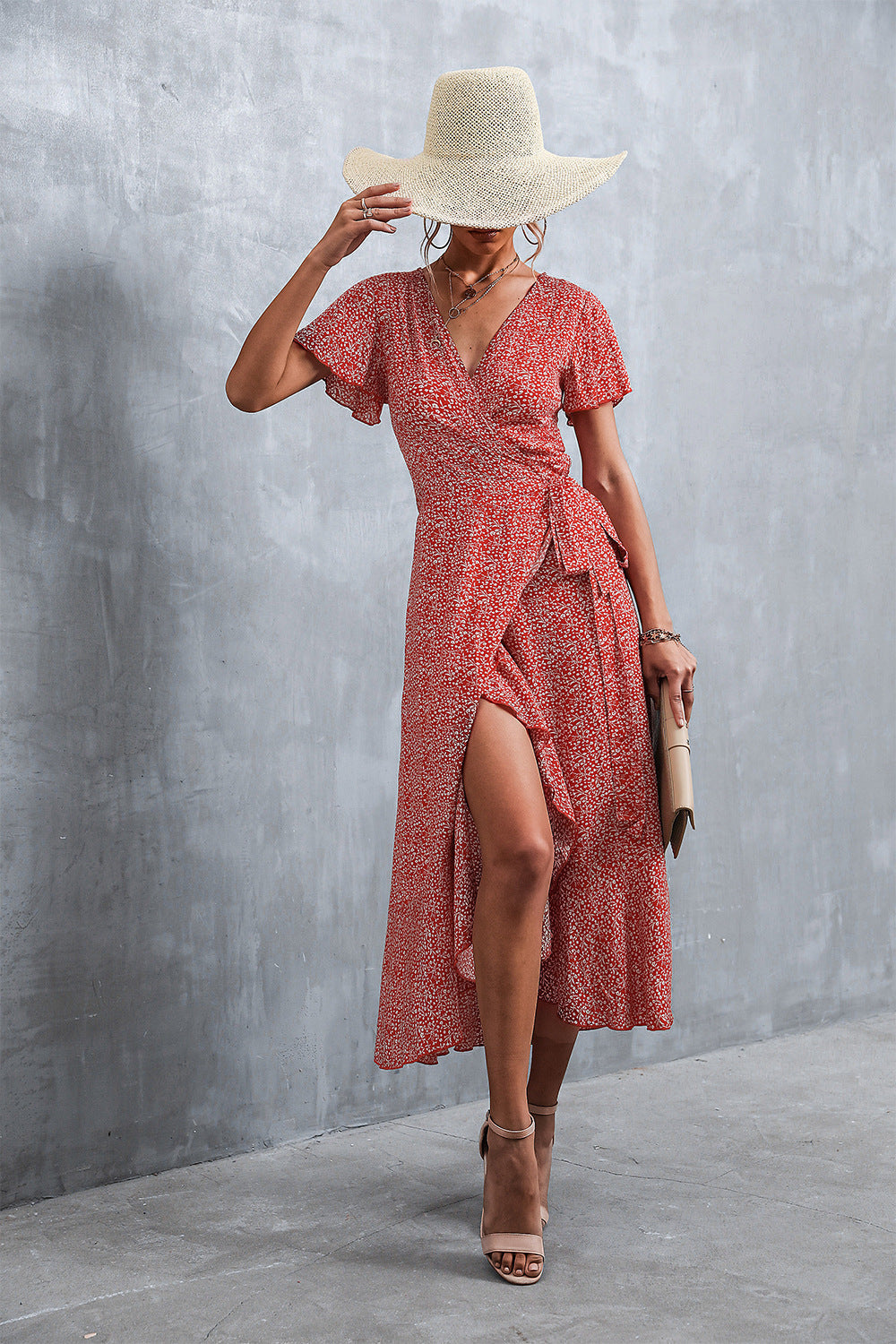 Deep V Neck Flutter Sleeve Wrap Tie Ditsy Floral High Low Midi Dress