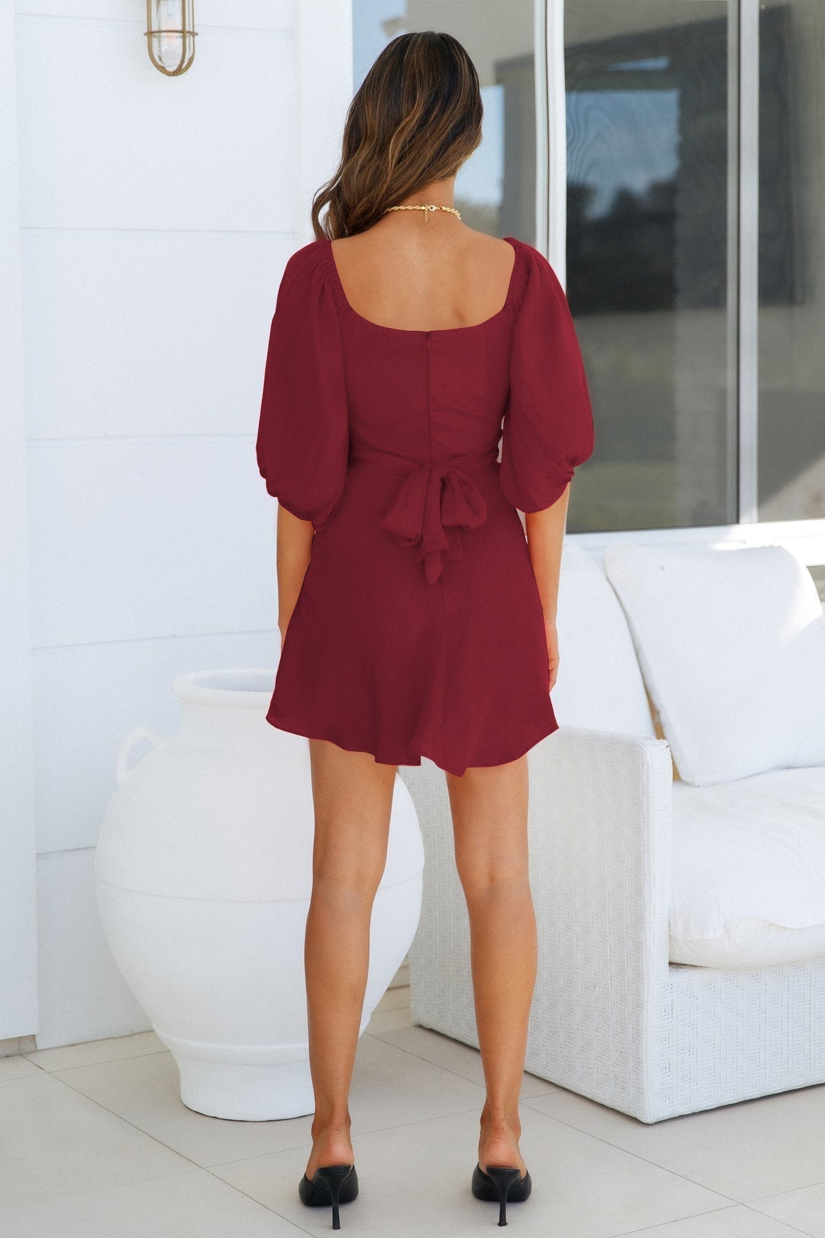 Sweetheart Neck Balloon Sleeve Empire Waist Mini Dress