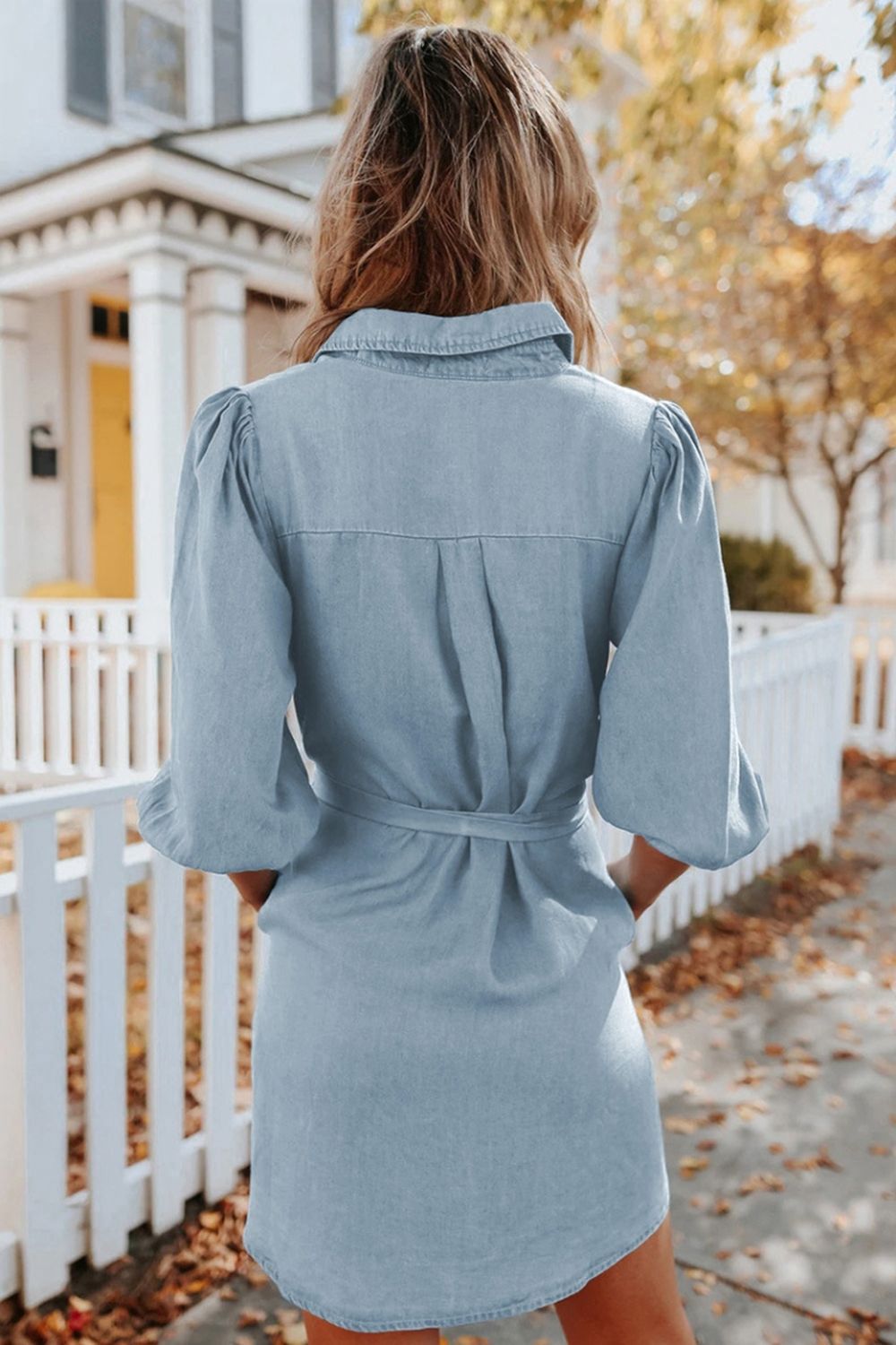 Collared V Neck Button Front Tie Waist Chambray Shirt Dress