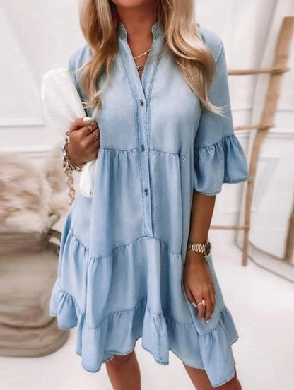 Button Front Ruffle Sleeve Tiered Babydoll Shirt Dress