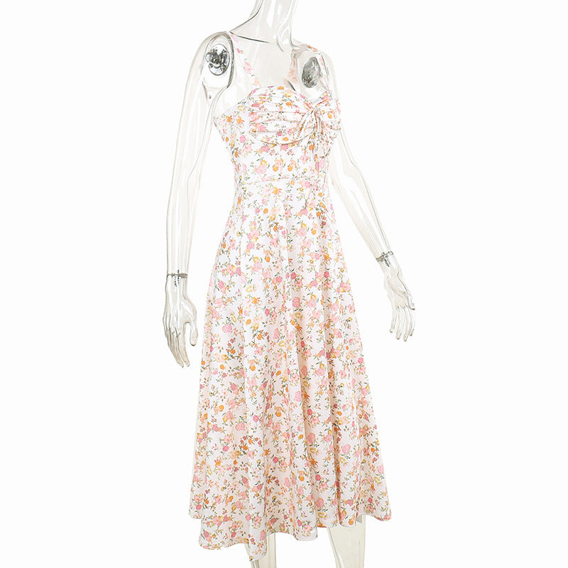 Floral Bustier Lace-Up Cami Strap Flared Midi Dress